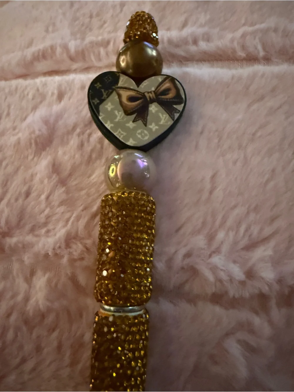Gold Crystal Beaded Heart Charm Phone Strap